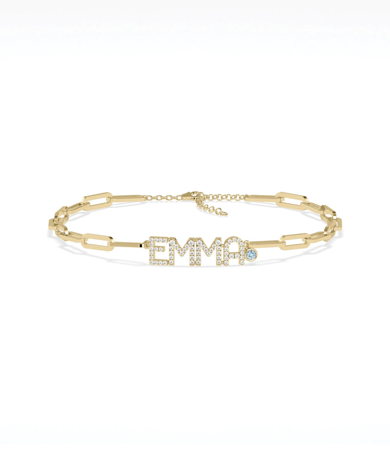 Birthstone and Diamond Pave Initials Bracelet - 79e | Everyday 14K Gold Jewelry