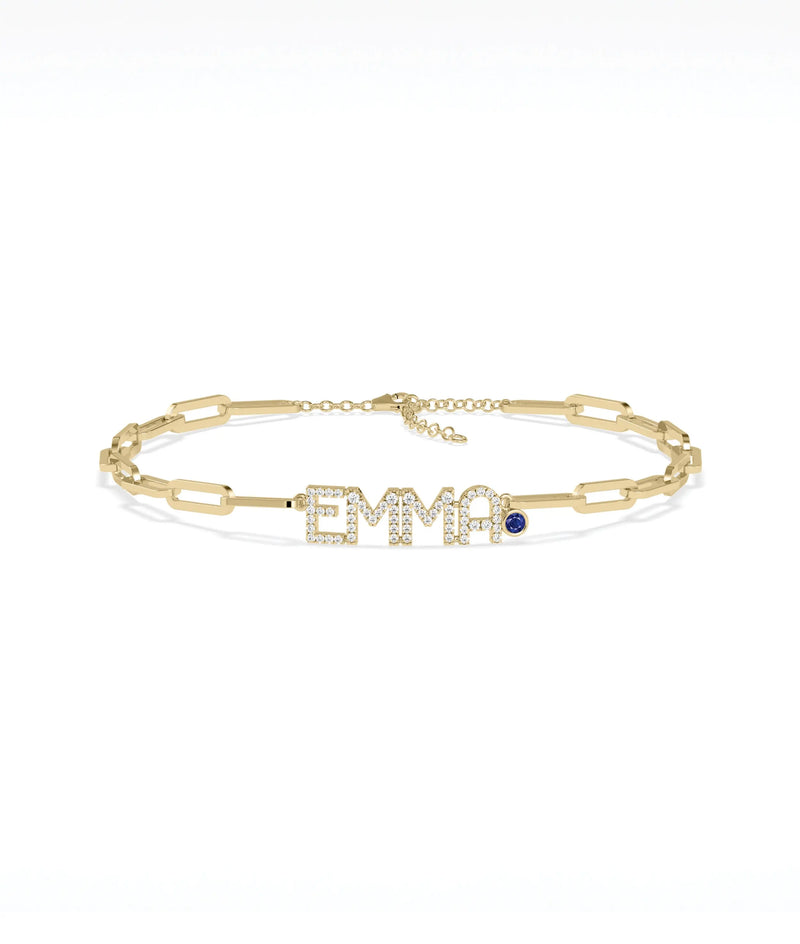 Birthstone and Diamond Pave Initials Bracelet - 79e | Everyday 14K Gold Jewelry