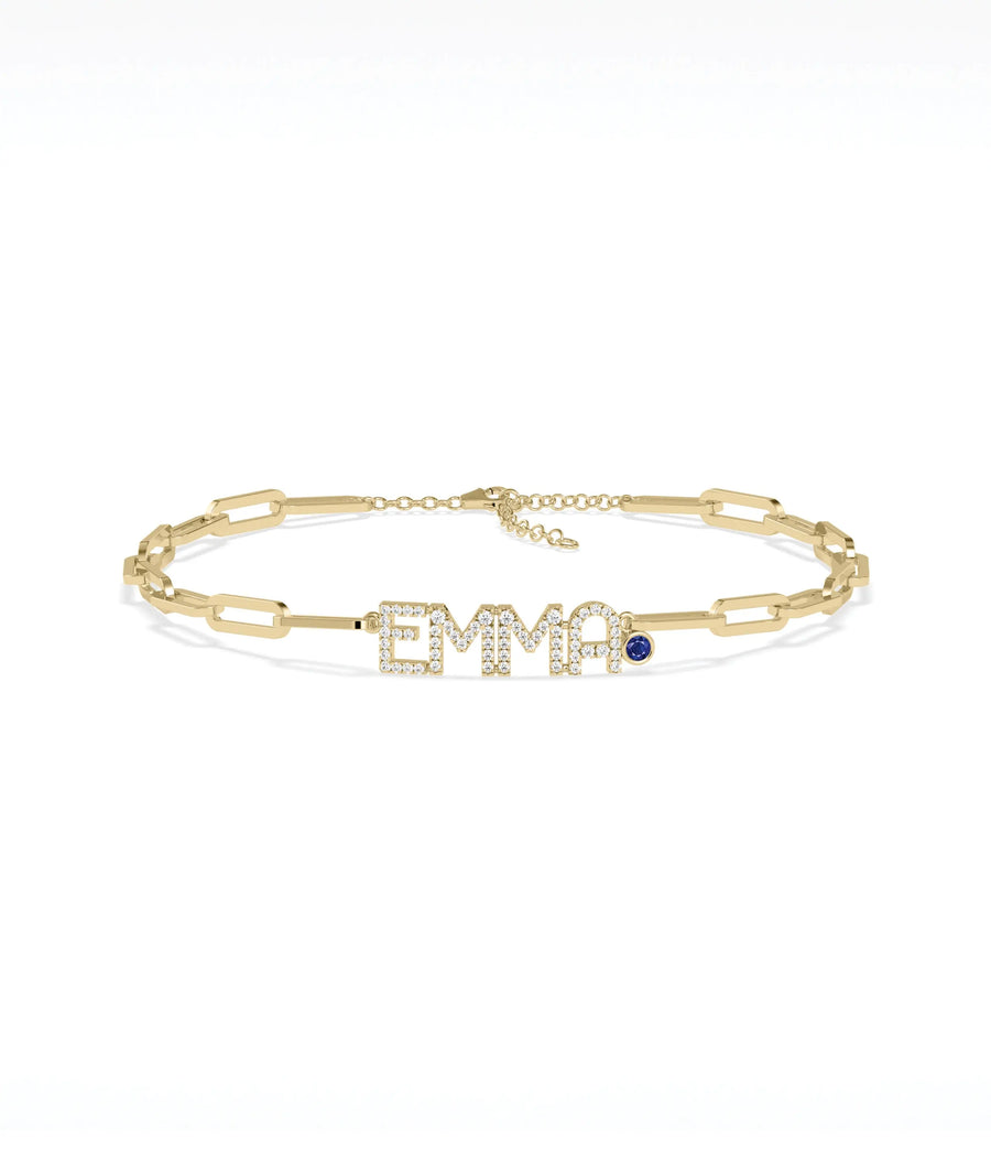 Birthstone and Diamond Pave Initials Bracelet - 79e | Everyday 14K Gold Jewelry