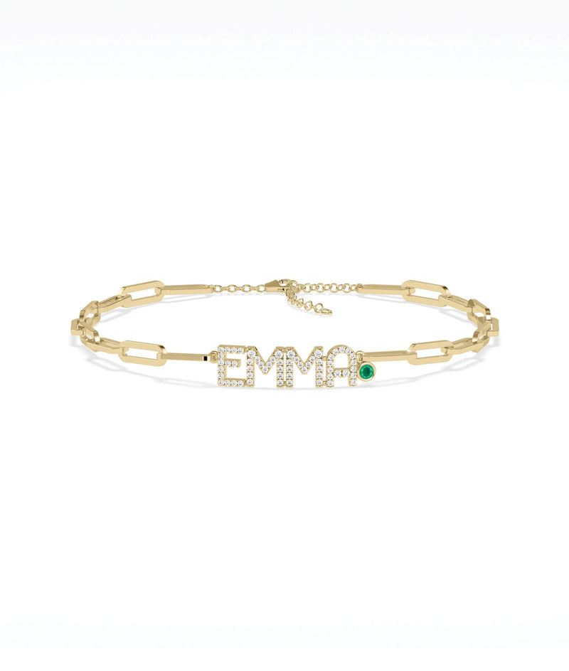 Birthstone and Diamond Pave Initials Bracelet - 79e | Everyday 14K Gold Jewelry