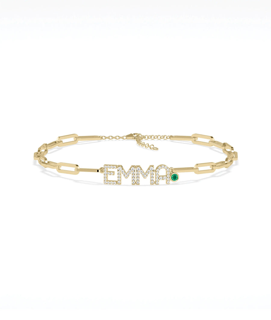 Birthstone and Diamond Pave Initials Bracelet - 79e | Everyday 14K Gold Jewelry