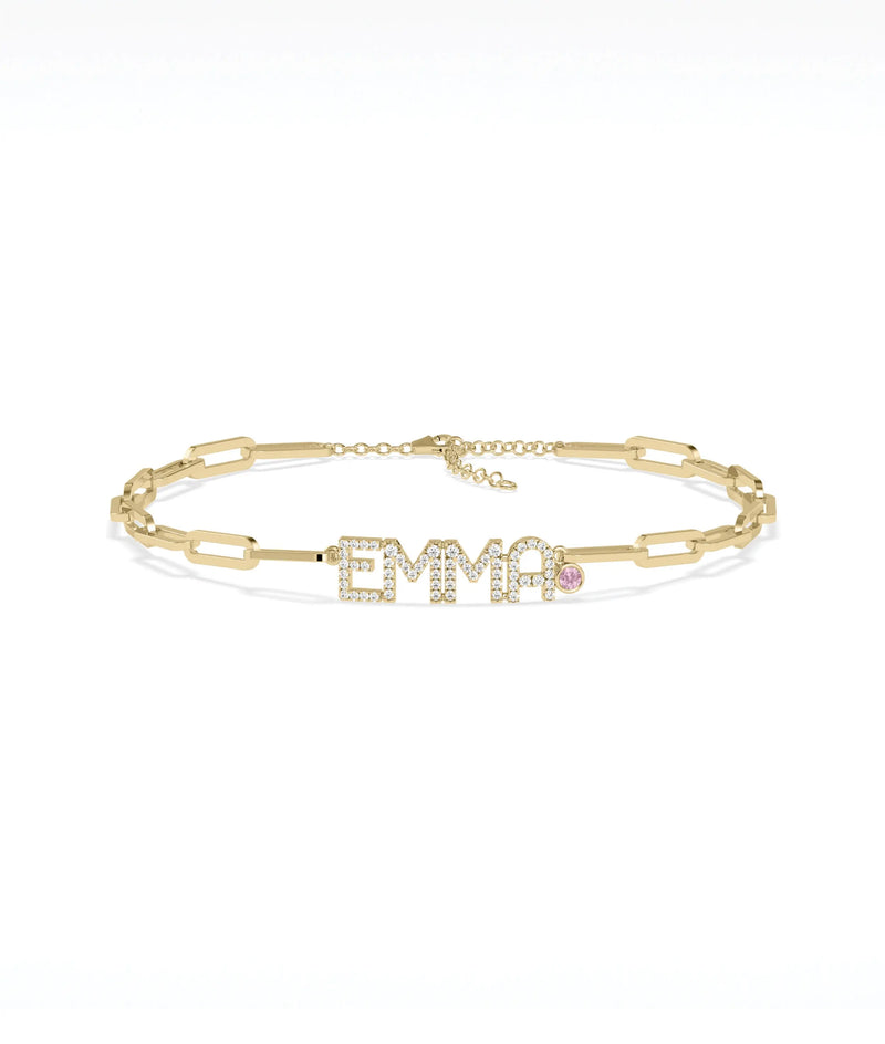 Birthstone and Diamond Pave Initials Bracelet - 79e | Everyday 14K Gold Jewelry