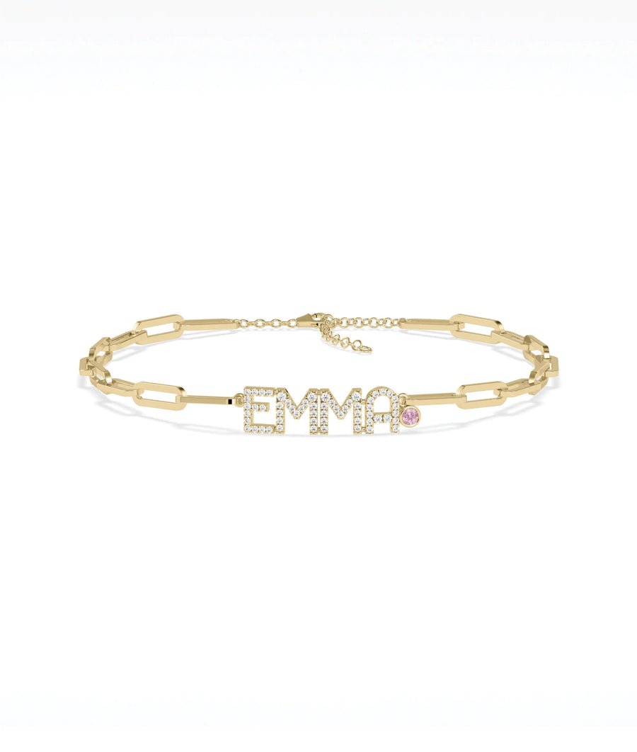 Birthstone and Diamond Pave Initials Bracelet - 79e | Everyday 14K Gold Jewelry