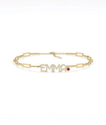 Birthstone and Diamond Pave Initials Bracelet - 79e | Everyday 14K Gold Jewelry