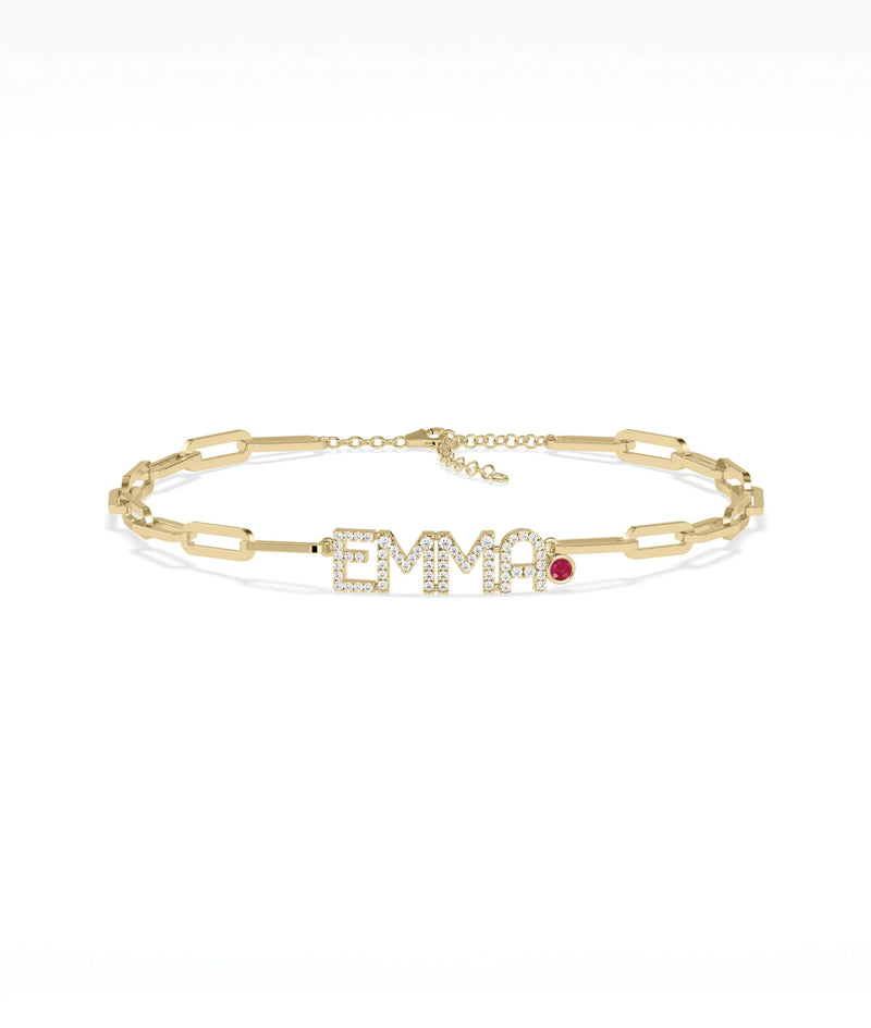 Birthstone and Diamond Pave Initials Bracelet - 79e | Everyday 14K Gold Jewelry