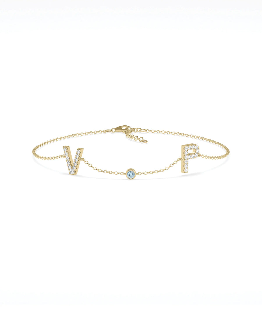 Diamond Pave Initials with Birthstone Bezel - 79e | Everyday 14K Gold Jewelry