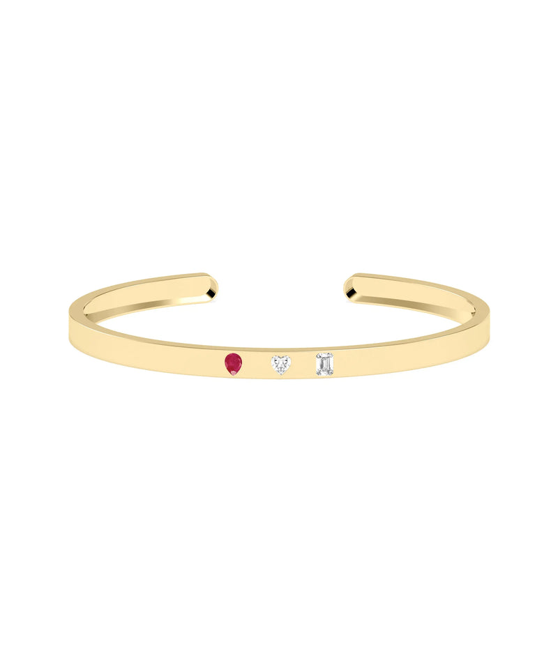 3 Stone Open Cuff Diamond and Birthstone Bangle - 79e | Everyday 14K Gold Jewelry