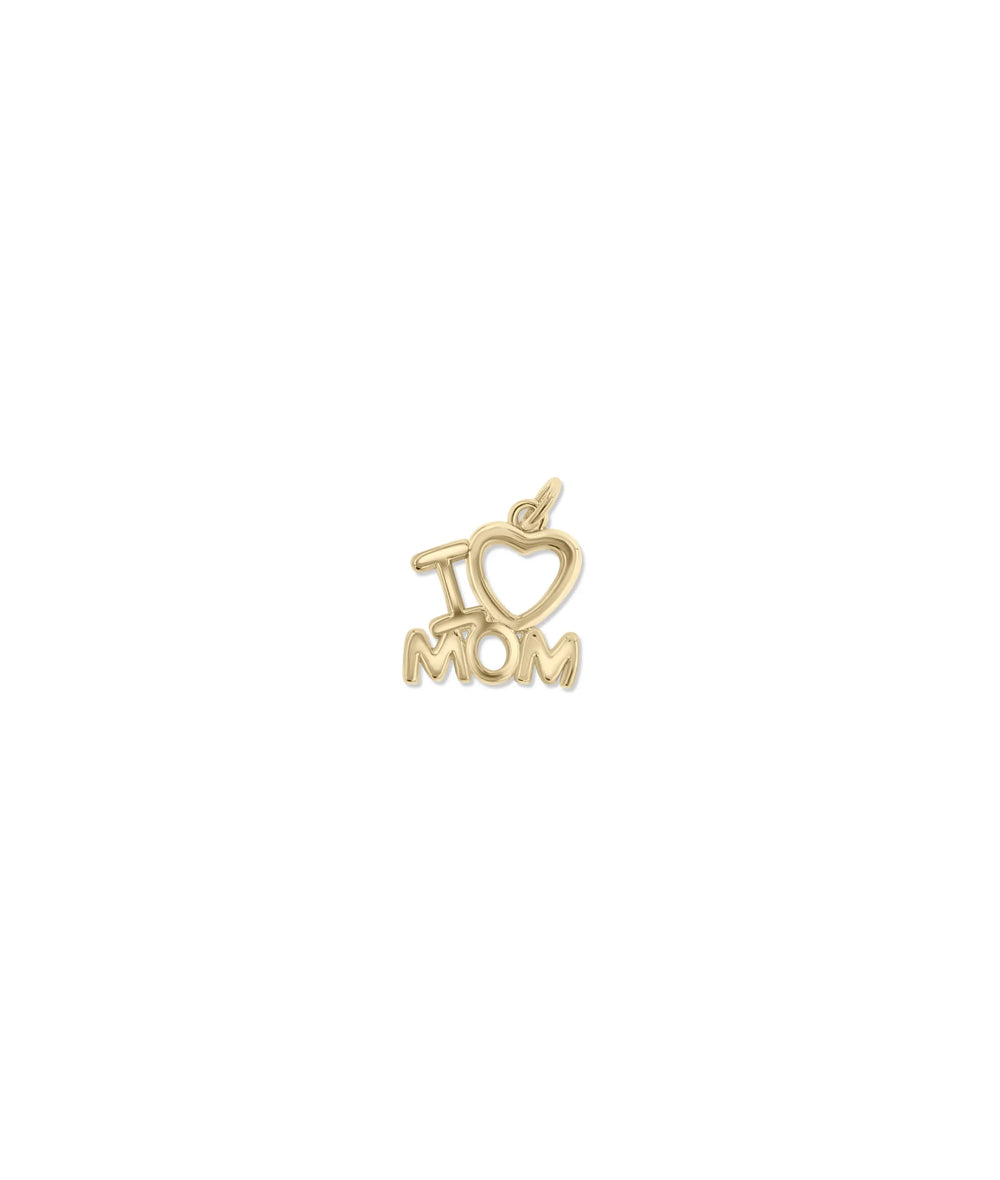 I LOVE MOM Gold Charm in yellow gold showing heart shape with message