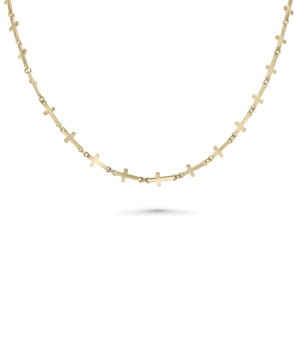 14K Gold Cross Necklace front view with spiritual pendant and diamond accents