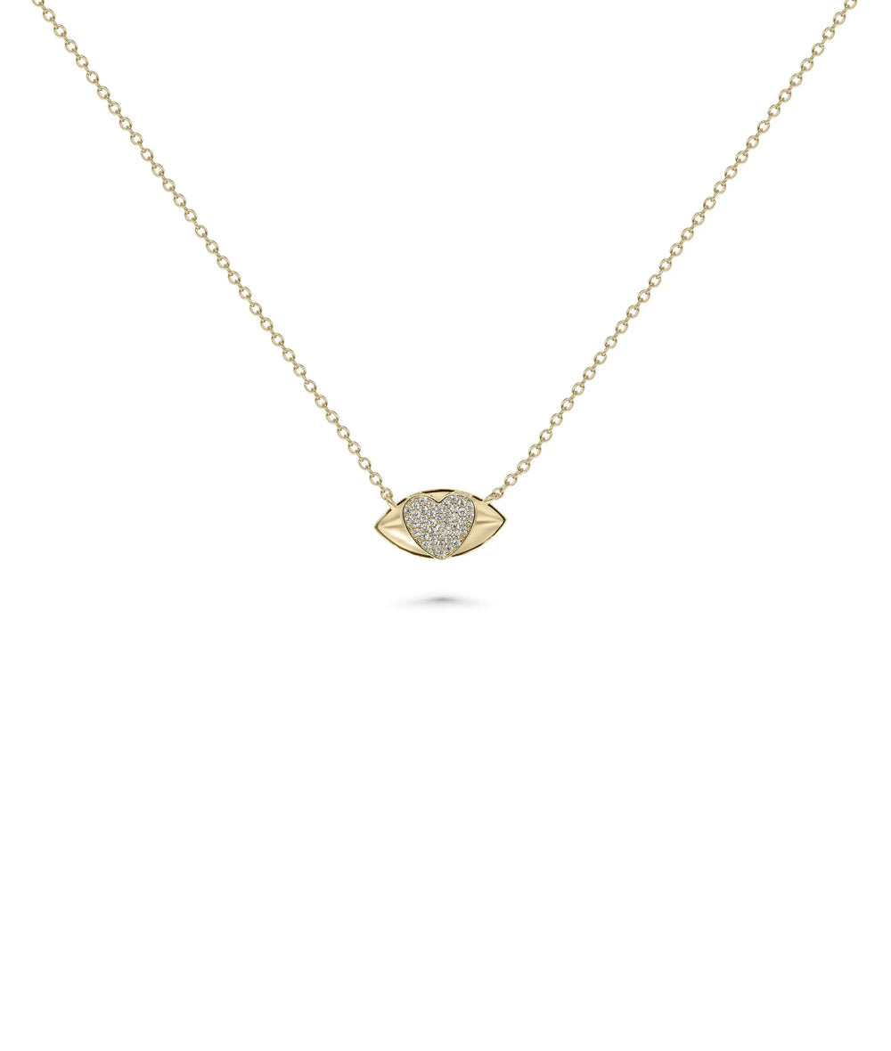 Evil Eye and Diamond Heart Necklace front view yellow gold with dual symbols
