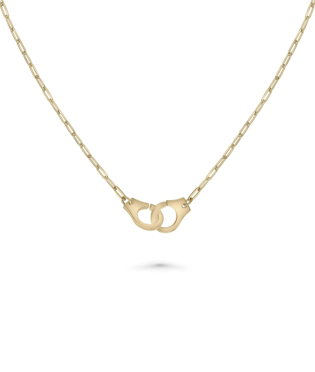 Paper Clip Necklace with Handcuff Charm front view yellow gold edgy design