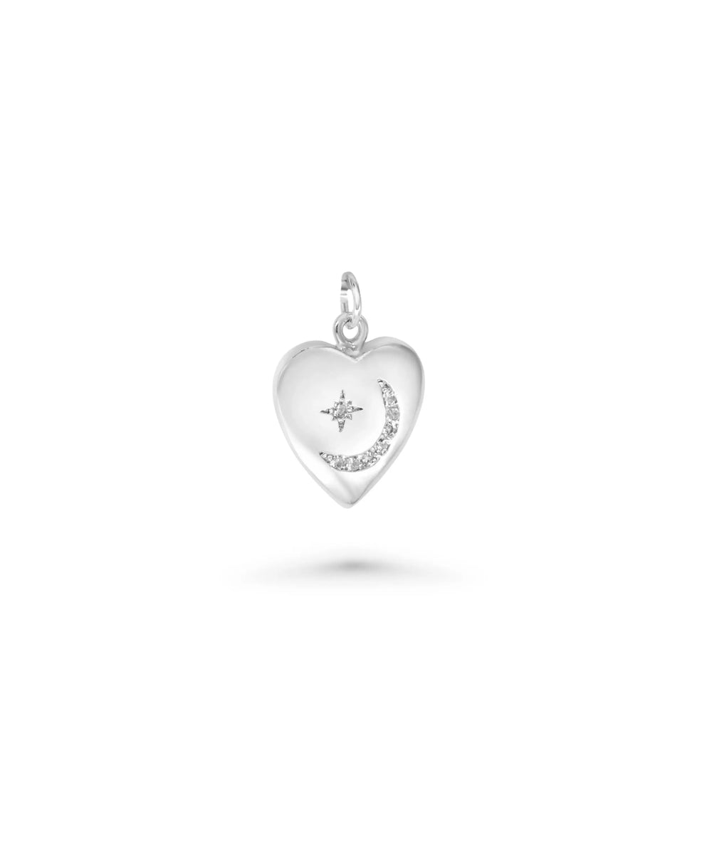 White gold Crescent Heart Tag Charm romantic celestial