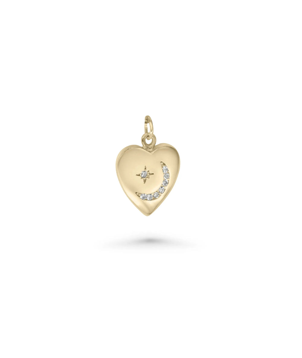 Crescent Heart Tag Charm yellow gold dual symbol design