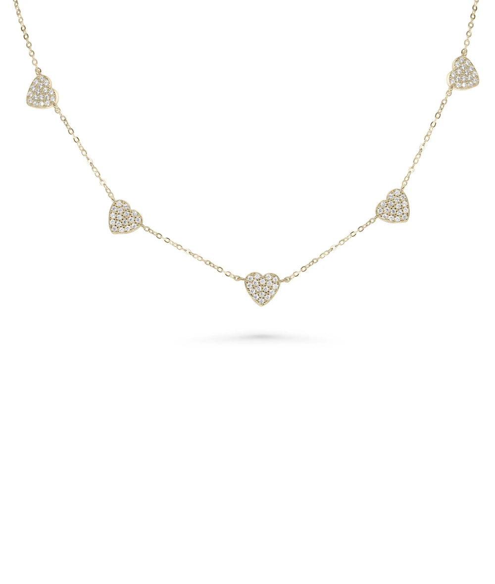 Heart Pave Station Necklace front view yellow gold with five heart stations