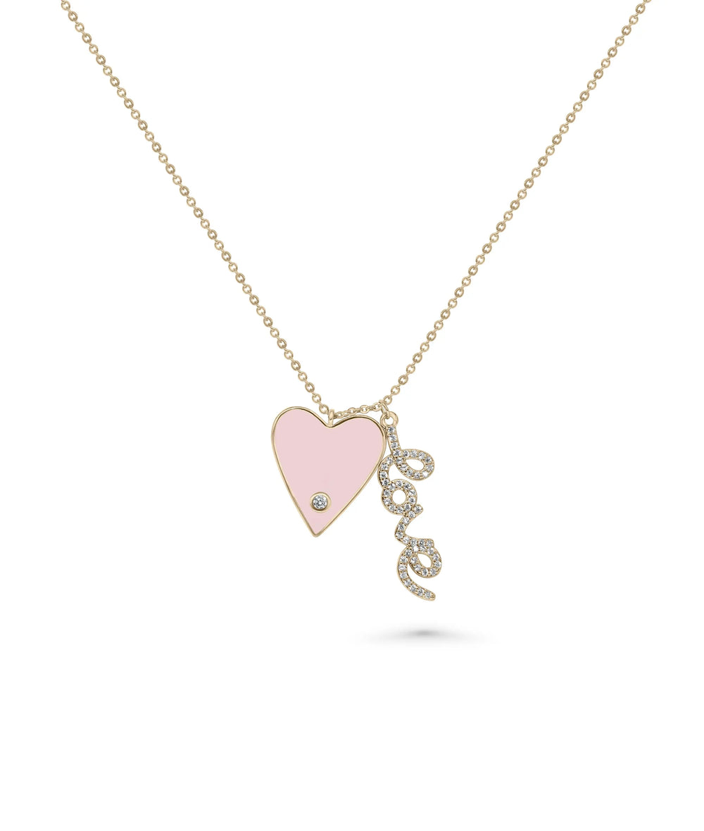 Enamel Heart and Love Charm Necklace rose gold featuring romantic dual message