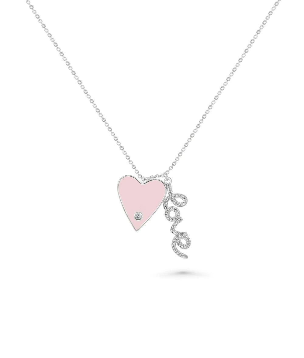 Enamel Heart and Love Charm Necklace white gold with vibrant enamel design