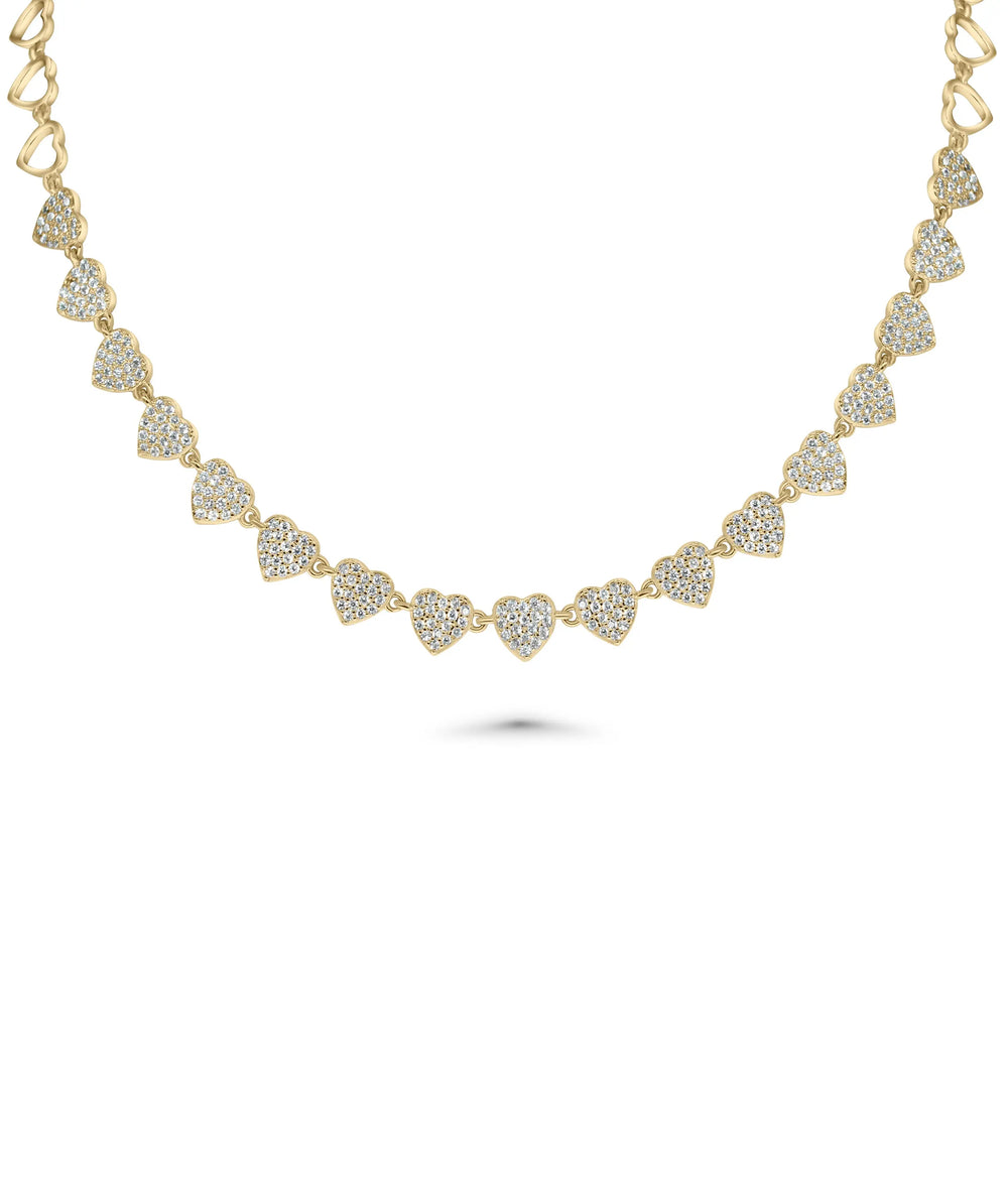 Diamond Pave Line Necklace front view yellow gold with heart pendant sparkle