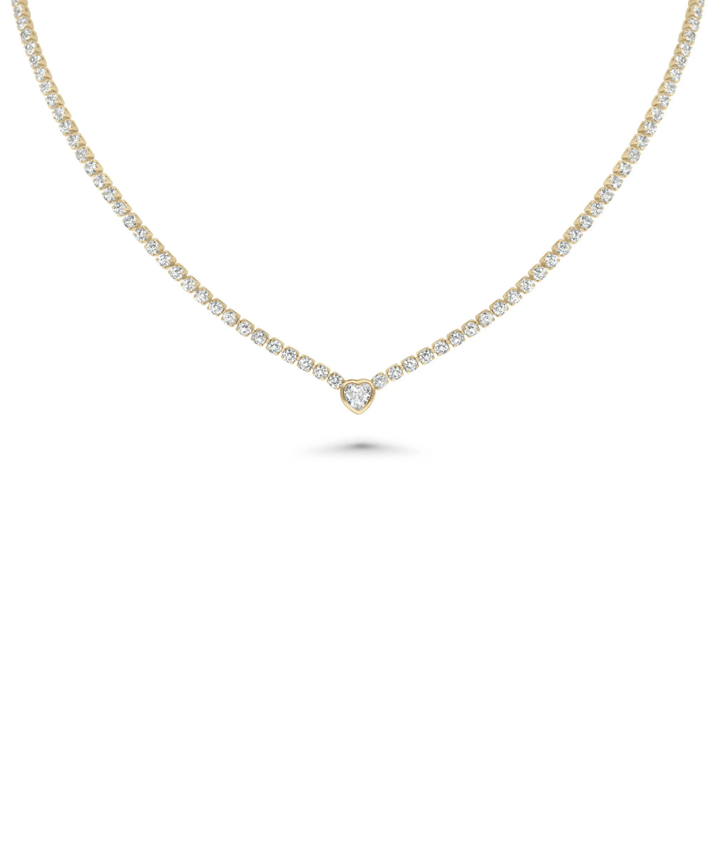 Tennis Necklace with Bezel Set Diamond Solitaire front view yellow gold chain