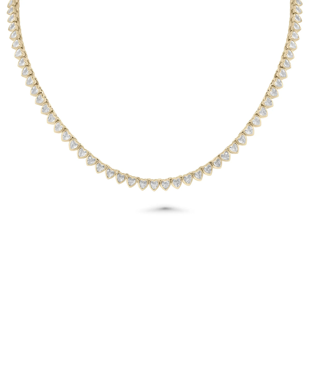 Heart Shape Line Tennis Necklace front view yellow gold with heart diamonds