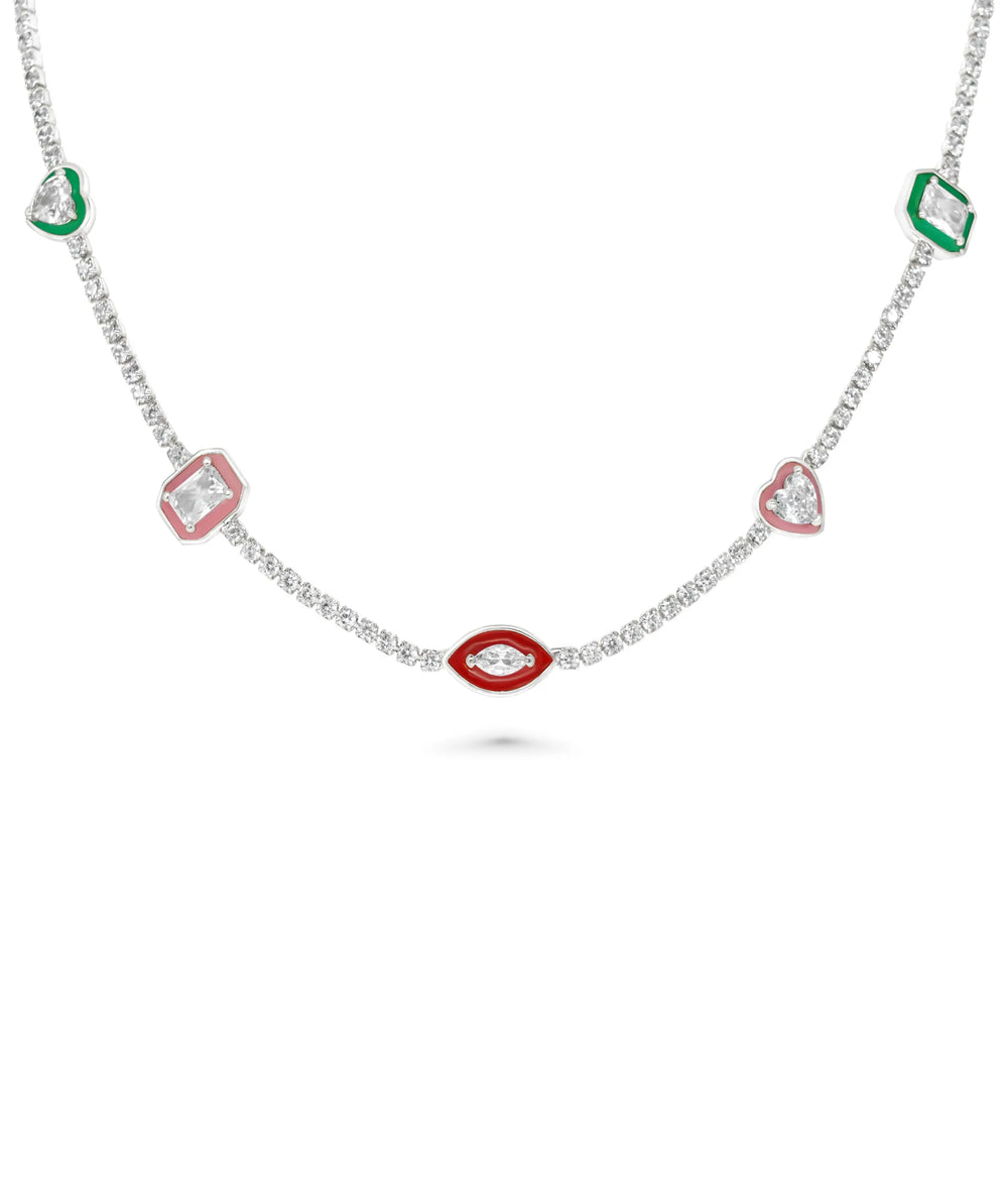Enamel and Multi Shape Necklace white gold with colorful style combination