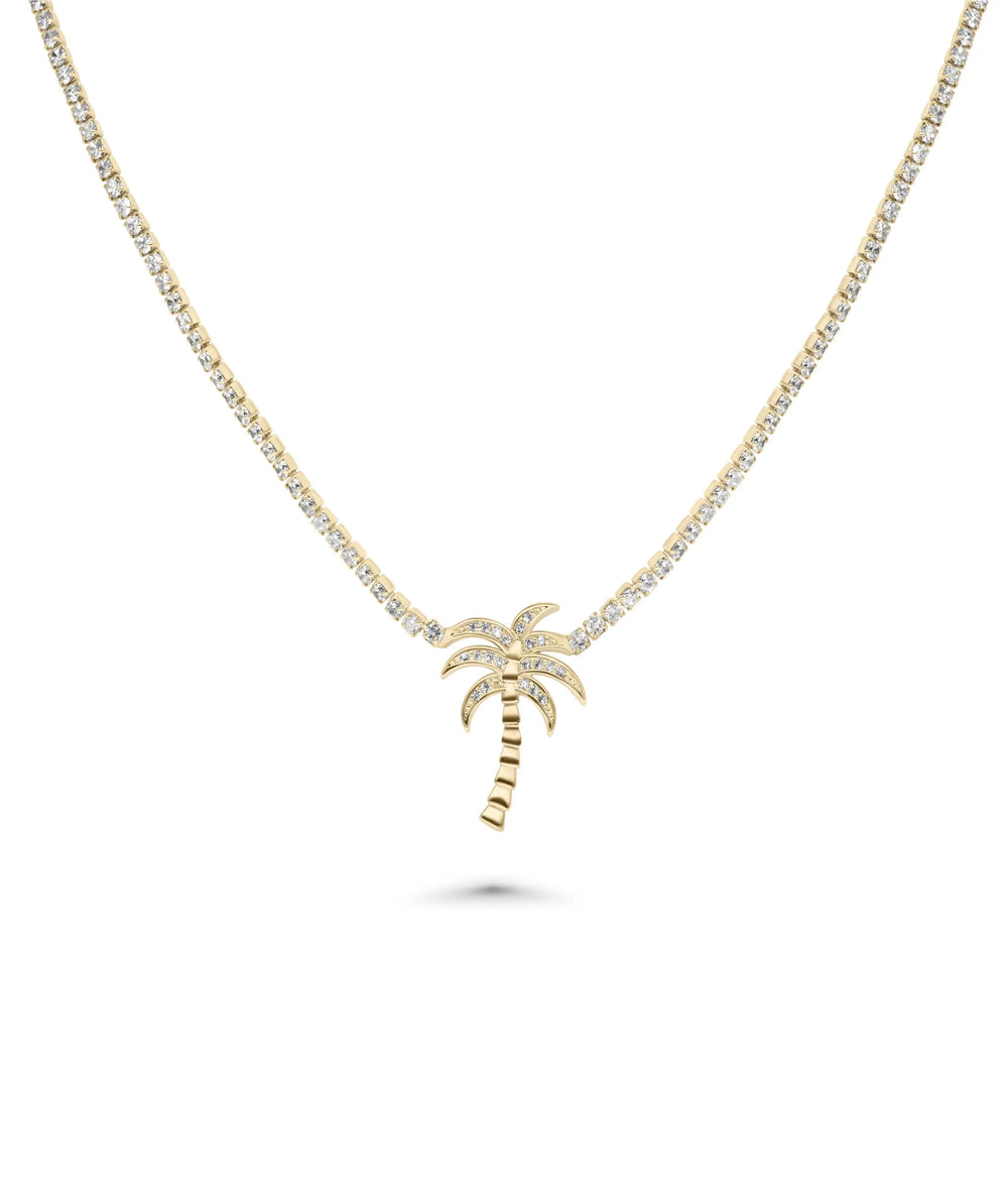 Diamond Tennis Necklace with Charm front view yellow gold with tree pendant