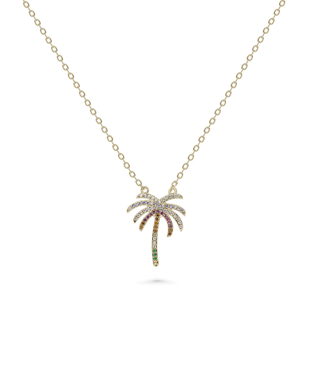 Palm Tree Necklace front view yellow gold with tropical botanical pendant