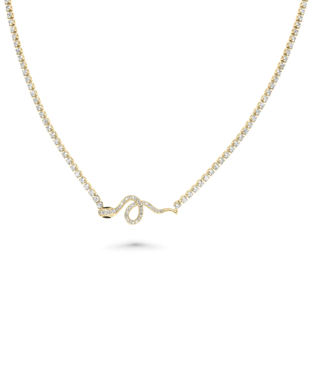 Snake Charm Tennis Necklace front view yellow gold with serpent centerpiece