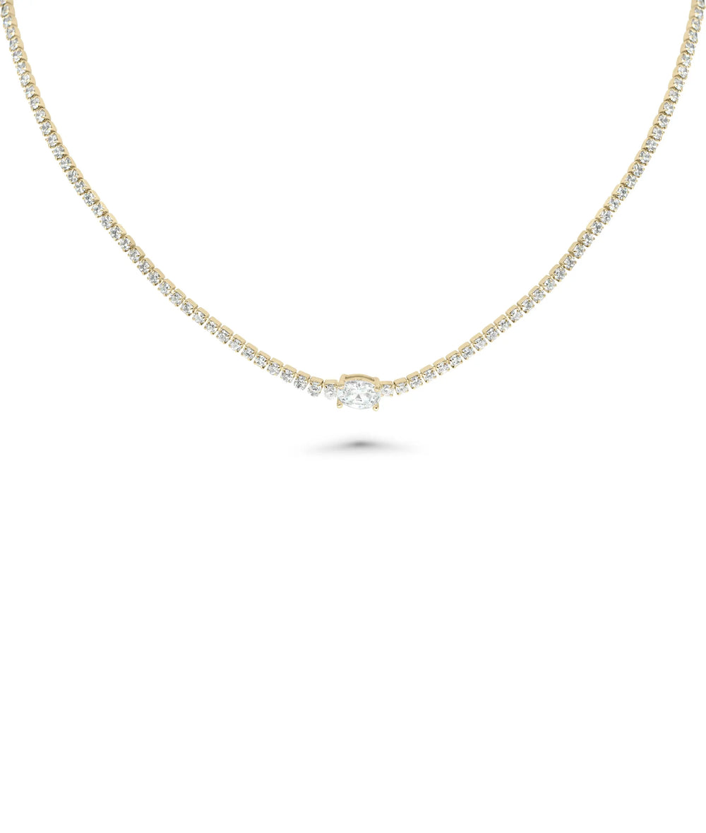 Tennis Necklace with Diamond Solitaire front view yellow gold continuous chain