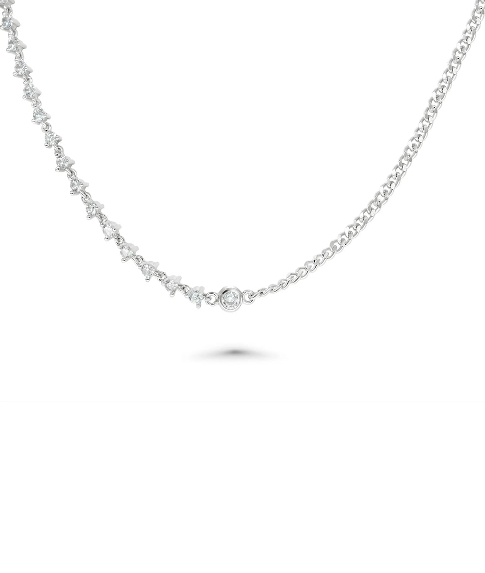Half Diamond Station and Curb Link Necklace white gold with tennis and curb design