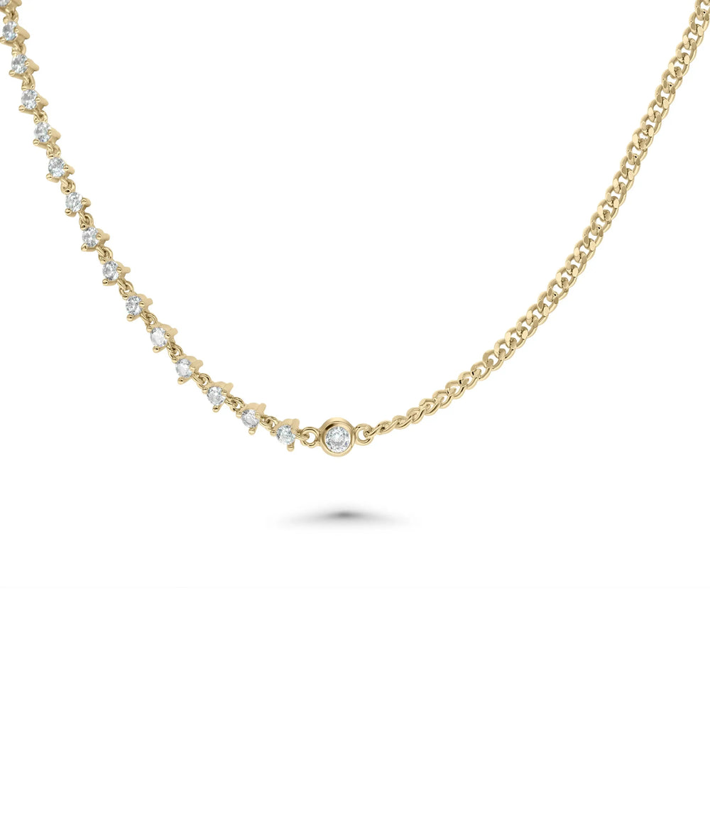 Half Diamond Station and Curb Link Necklace front view yellow gold with dual style