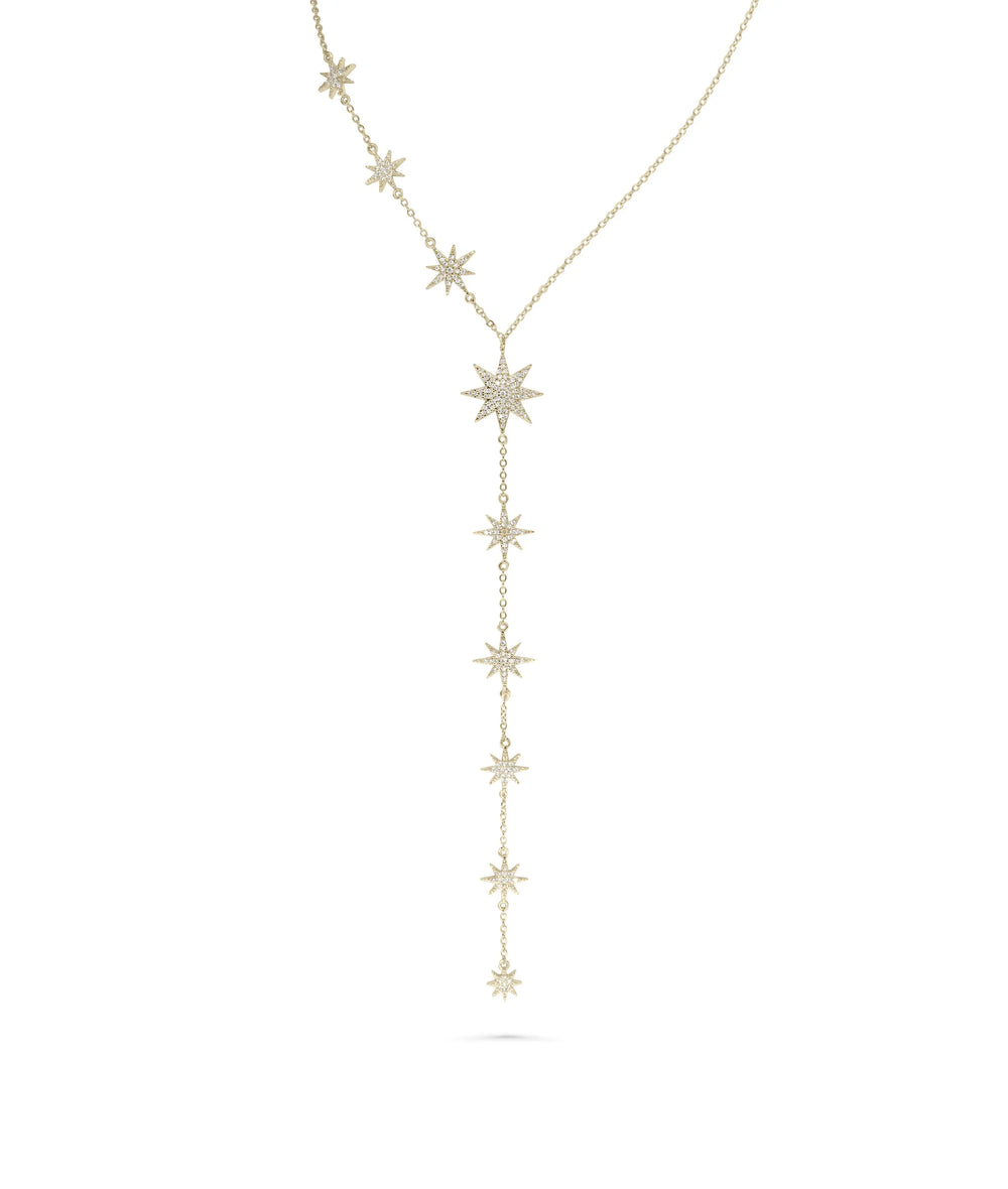 Y Shape Star Necklace front view yellow gold with lariat and graduated stars