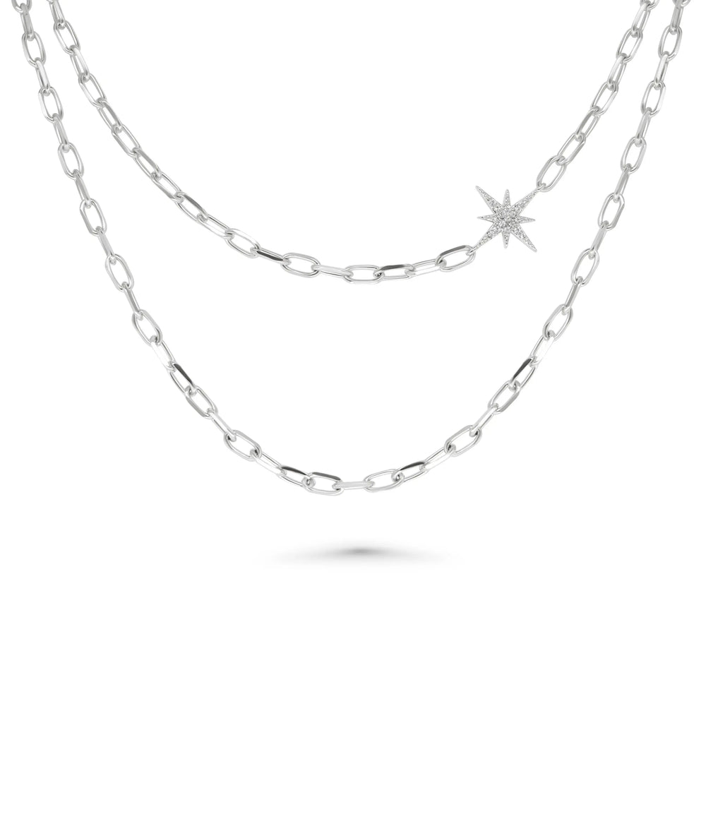 Paper Clip Charm Layered Necklace white gold with modern paper clip design
