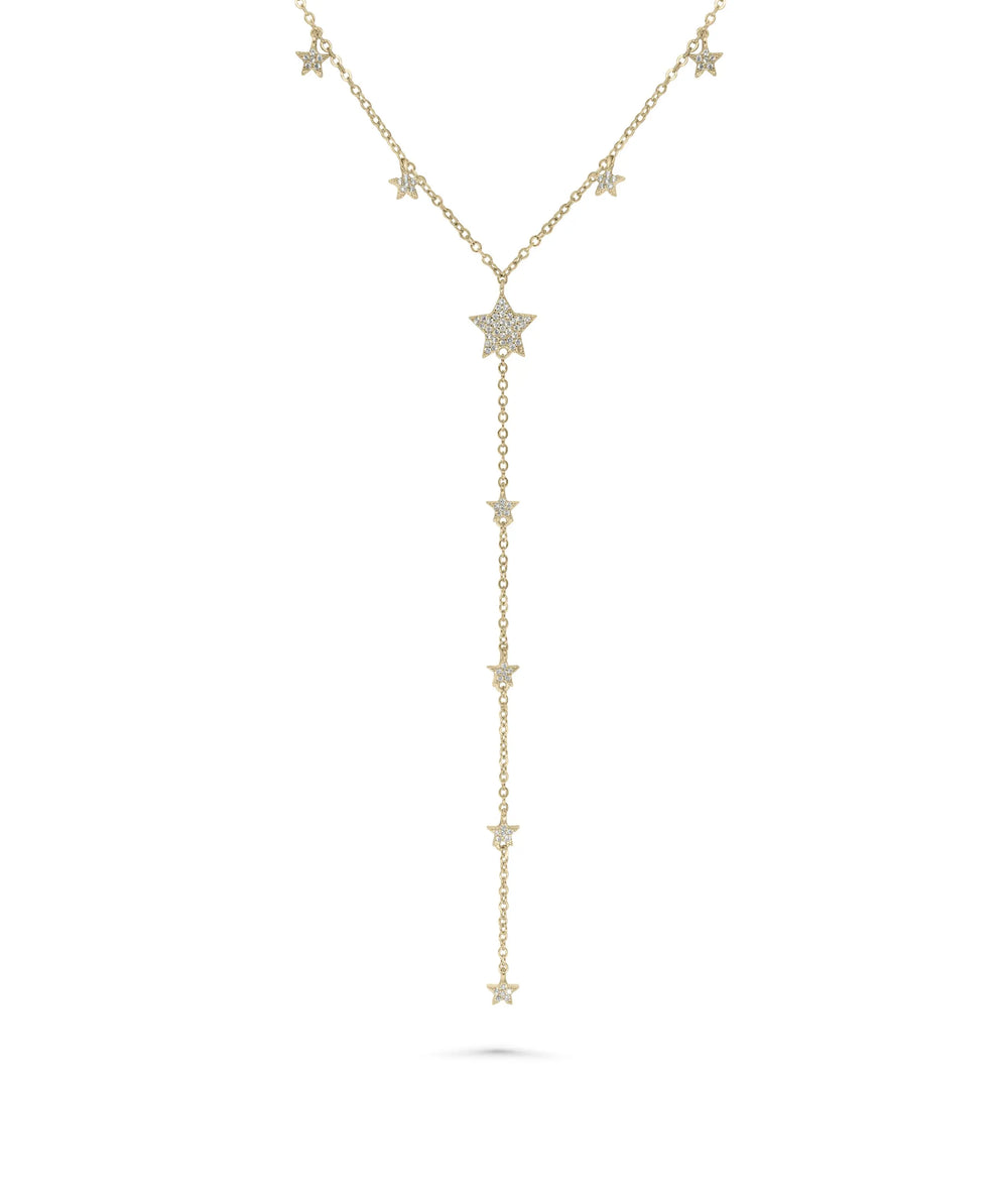 Y Shape Star Necklace front view yellow gold with lariat design and stars