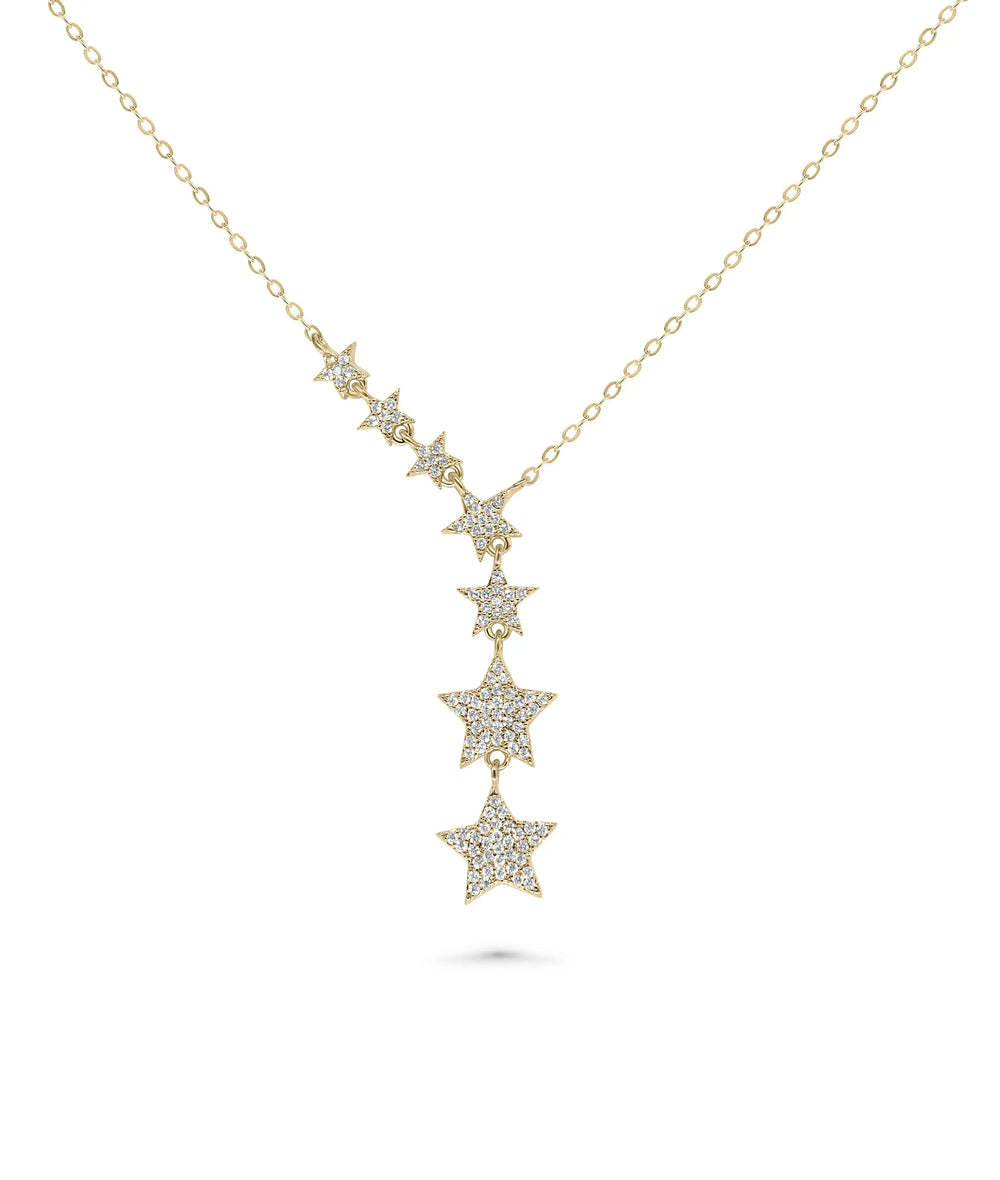 Waterfall Star Necklace front view yellow gold with cascading star design