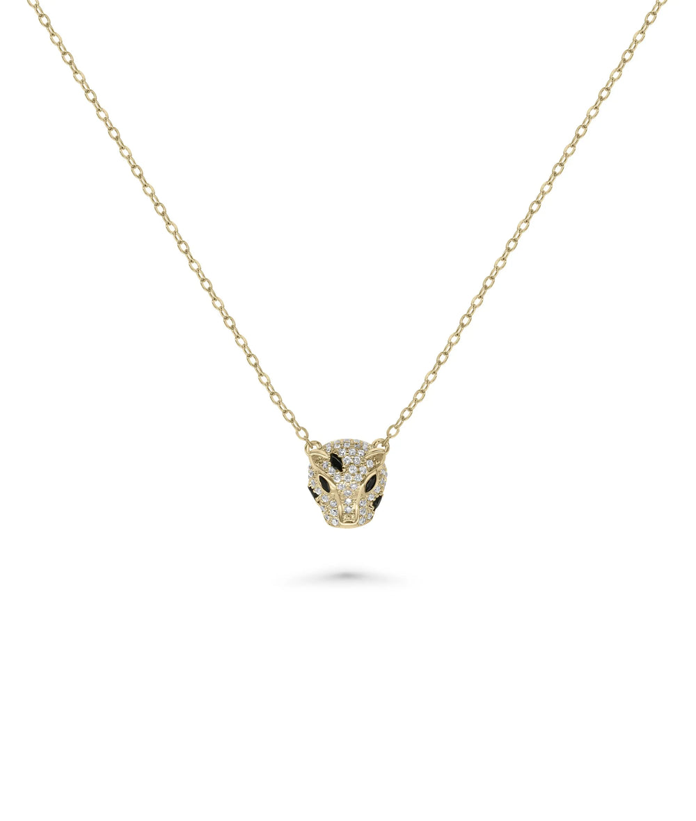 Diamond Panther Head Necklace front view yellow gold with fierce design