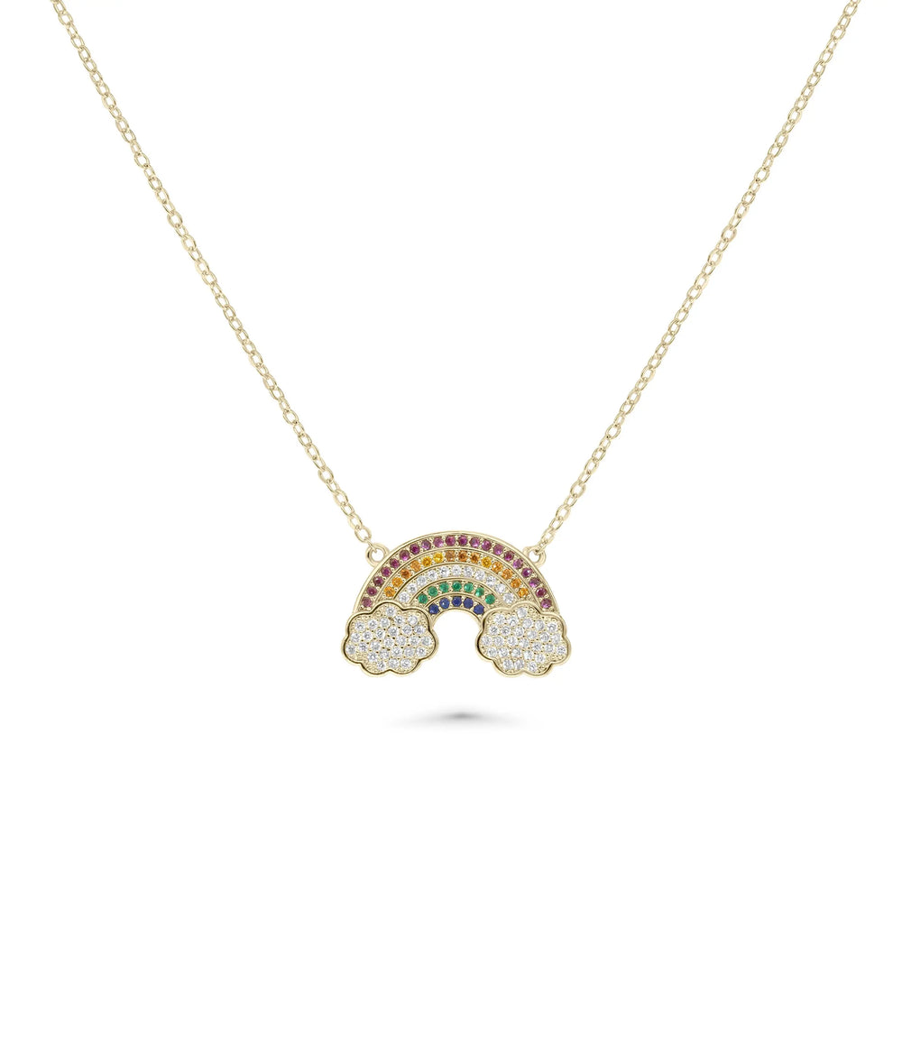 Rainbow Diamond Necklace front view yellow gold with colorful arc pendant