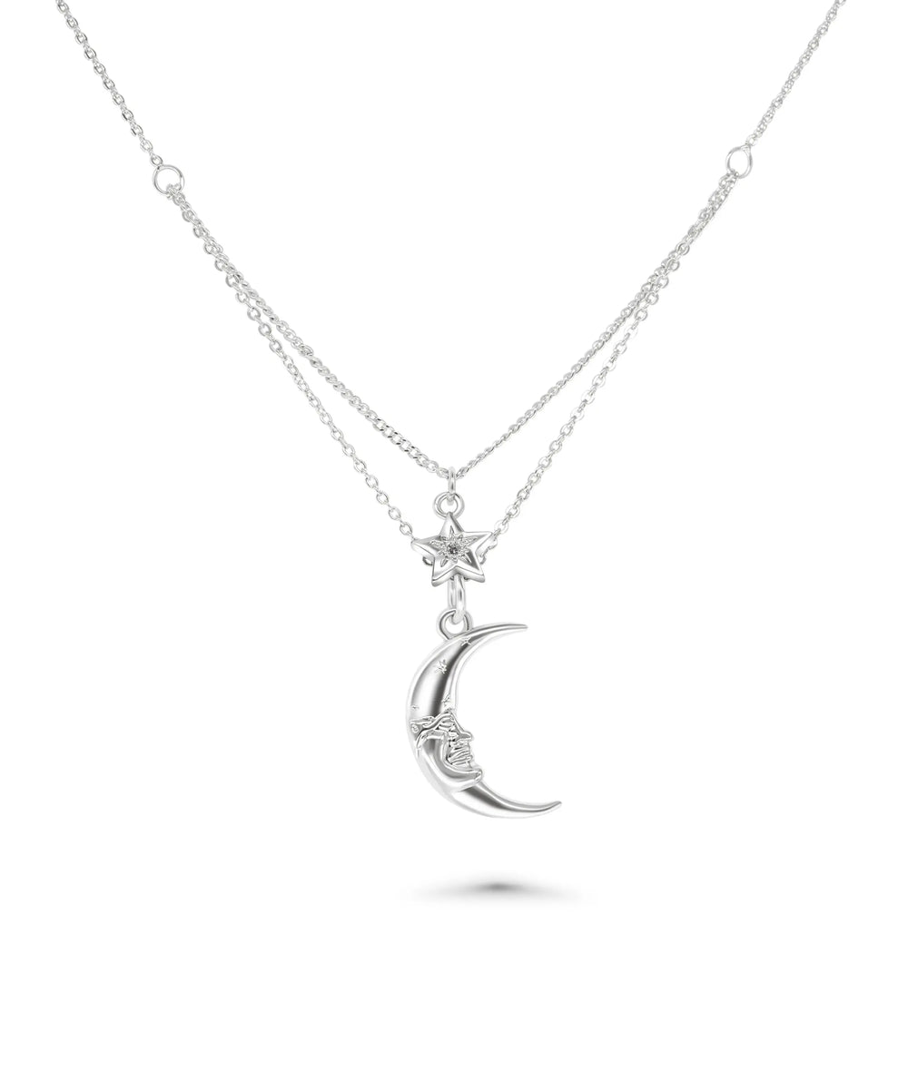 Layered Crescent and Star Necklace white gold with night sky inspired design