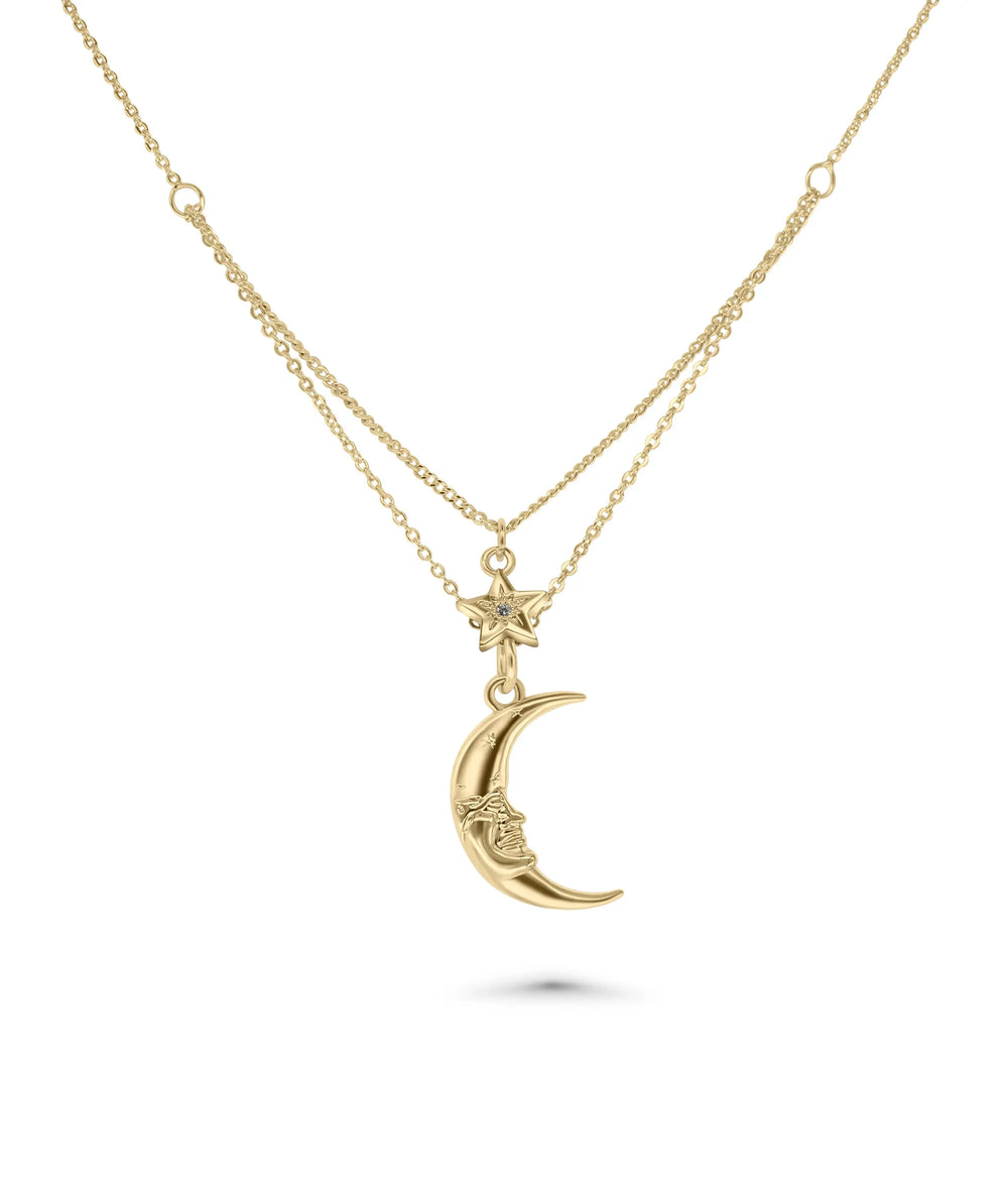 Layered Crescent and Star Necklace front view yellow gold with celestial charms