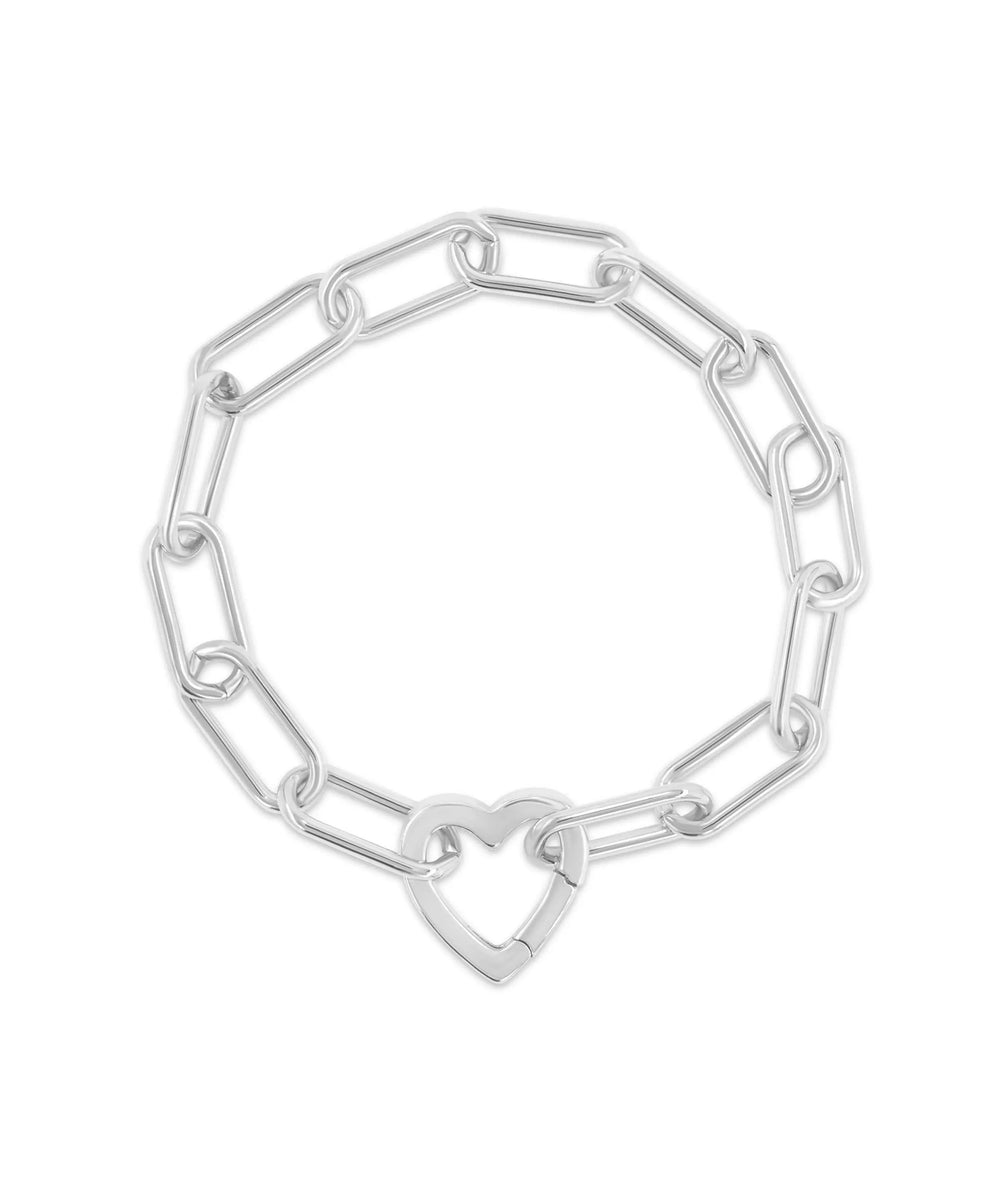 White gold Heart Charm Bracelet featuring paper clip chain design
