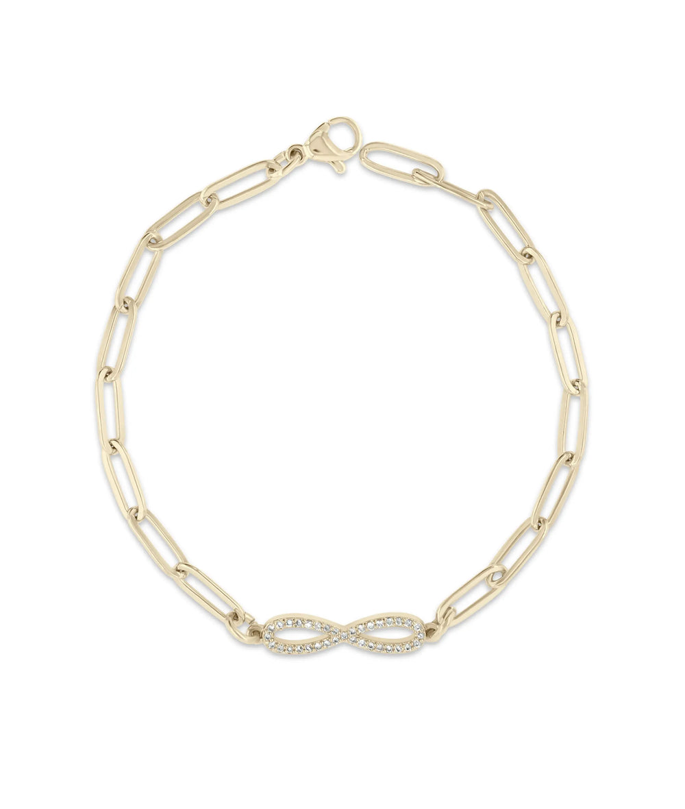 Infinity Paper Clip Bracelet yellow gold with diamond infinity centerpiece