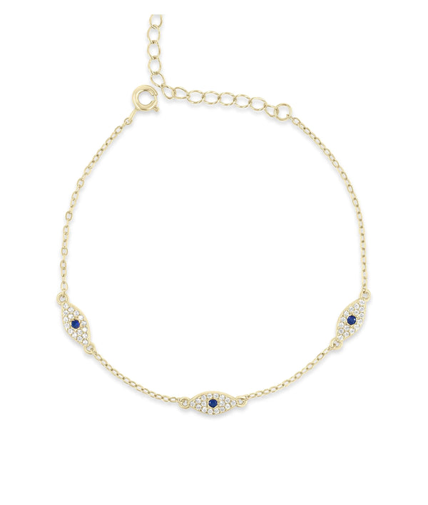 Evil Eye Station Bracelet front view yellow gold with protective eye symbols