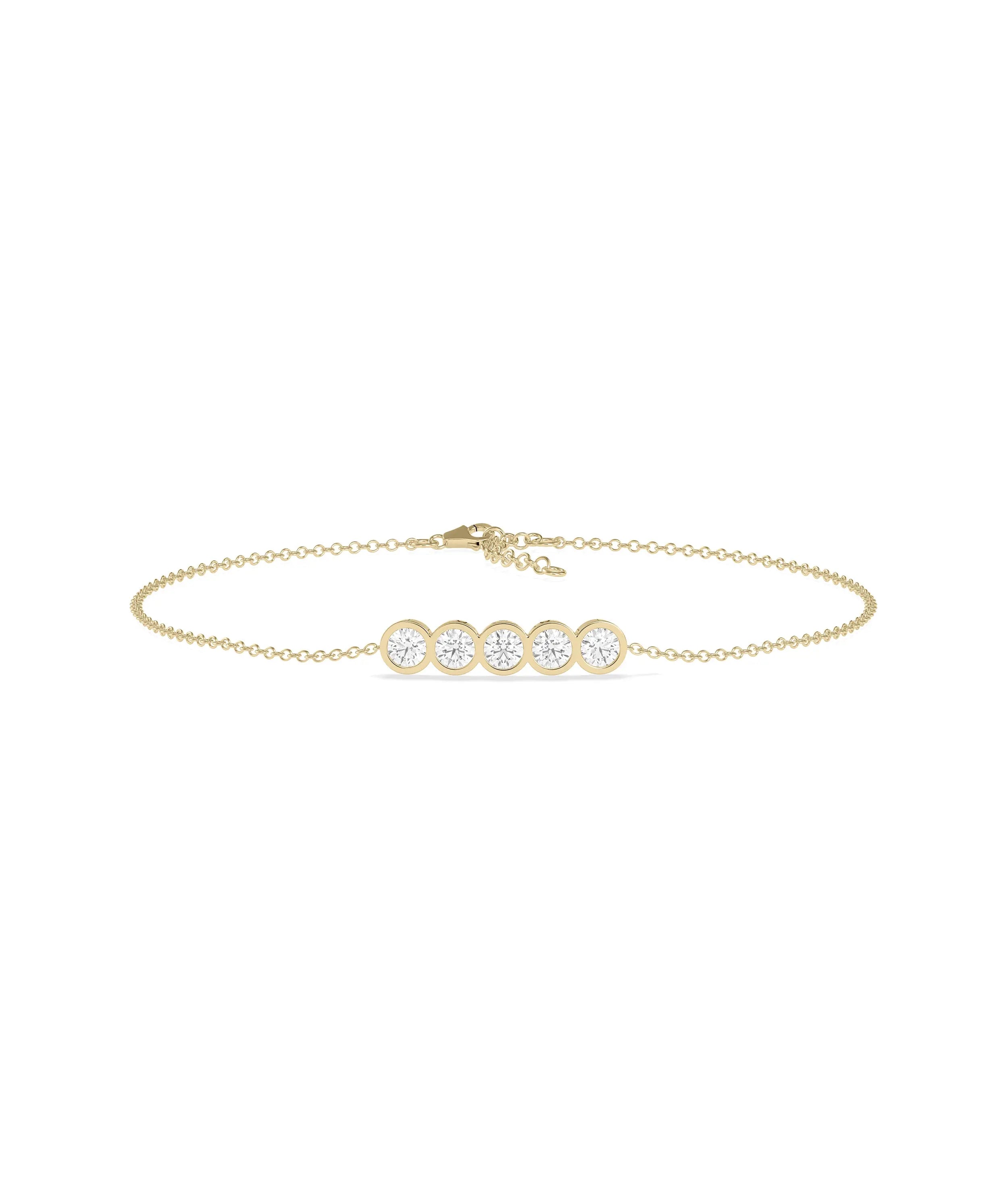 5 Stone Bezel Set Bracelet with five diamonds in bezel settings gold cable chain front