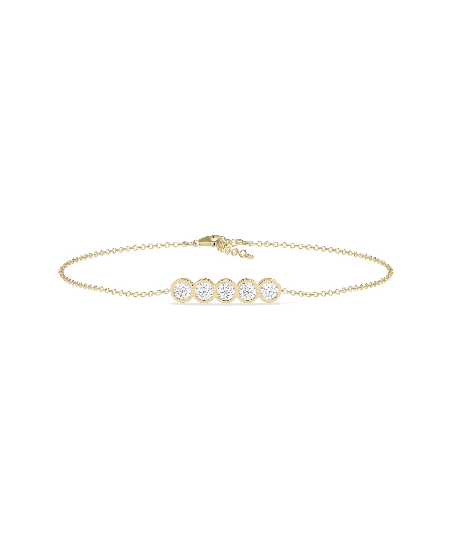 5 Stone Bezel Set Bracelet with five diamonds in bezel settings gold cable chain front