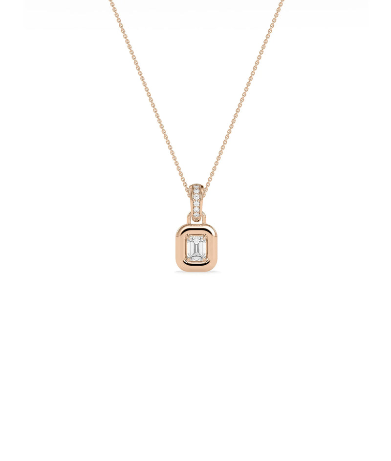 Bubble Solitaire Charm flat lay showing diamond bail and bubble bezel center stone