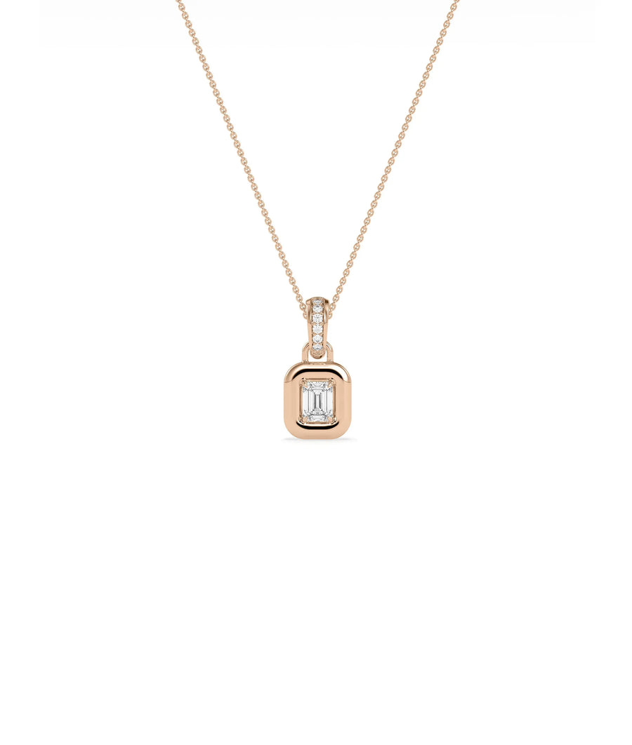 Bubble Solitaire Charm flat lay showing diamond bail and bubble bezel center stone