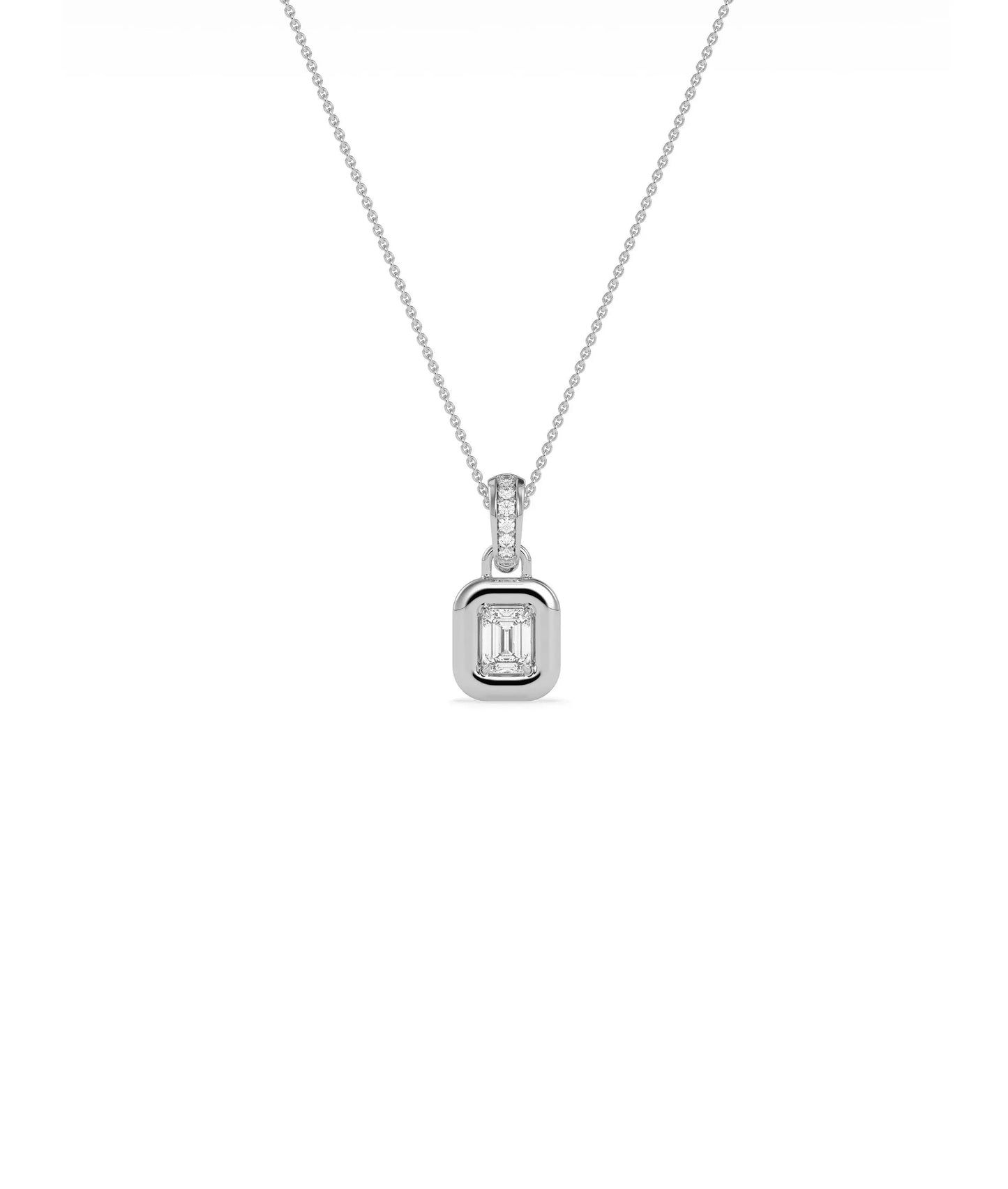Bubble Solitaire Charm profile angle showing dimensional bezel dome and bail diamonds