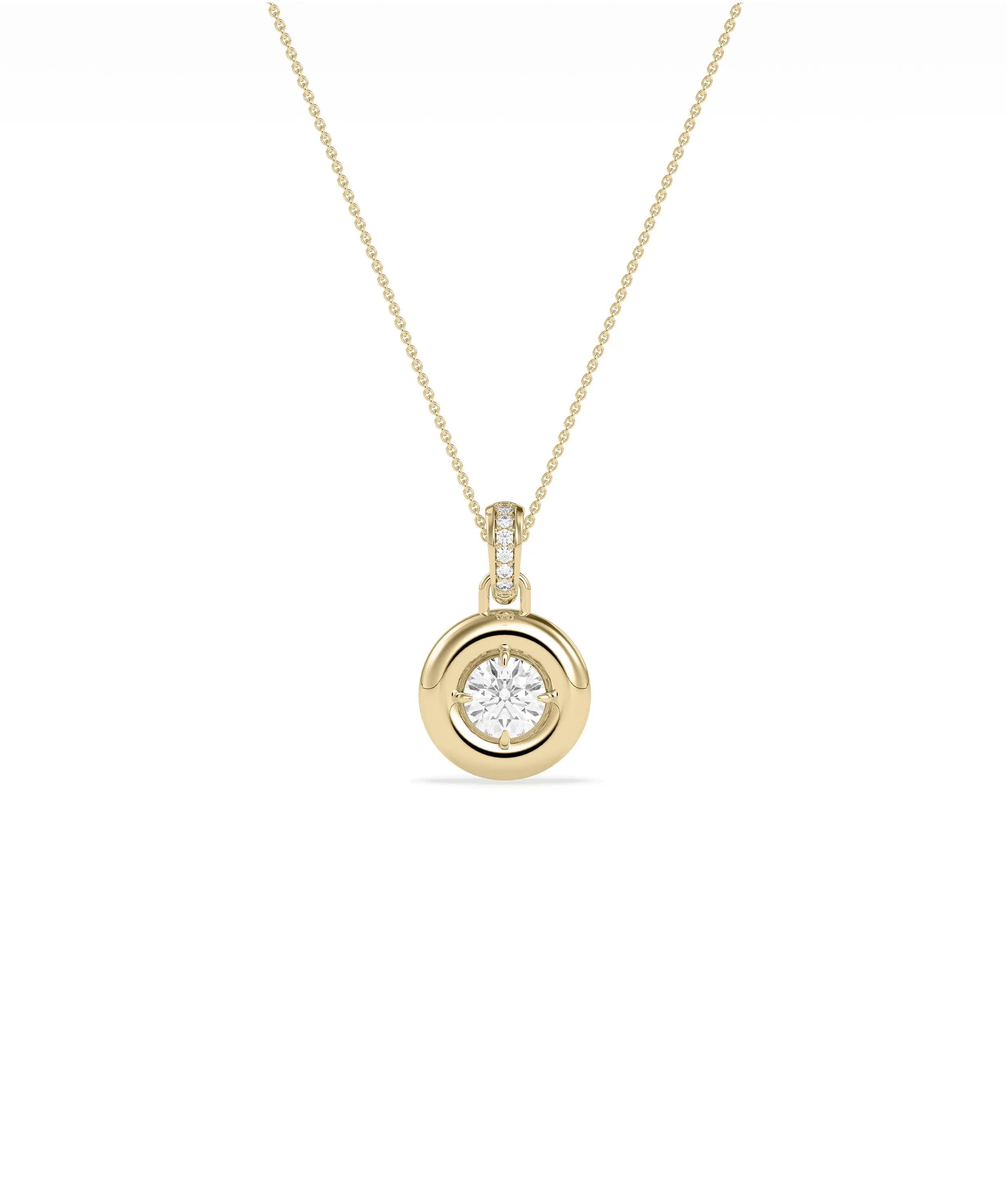 Bubble bezel diamond charm solid gold diamond bail attachment closeup detail showing sparkle