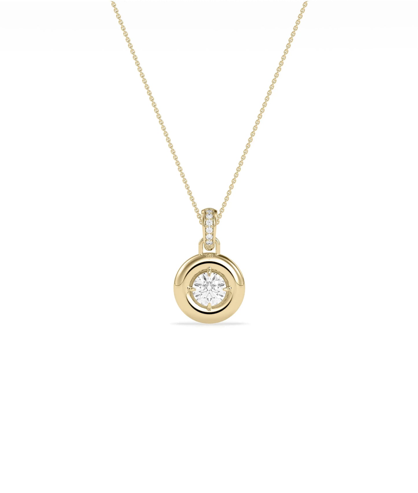 Bubble bezel diamond charm solid gold diamond bail attachment closeup detail showing sparkle