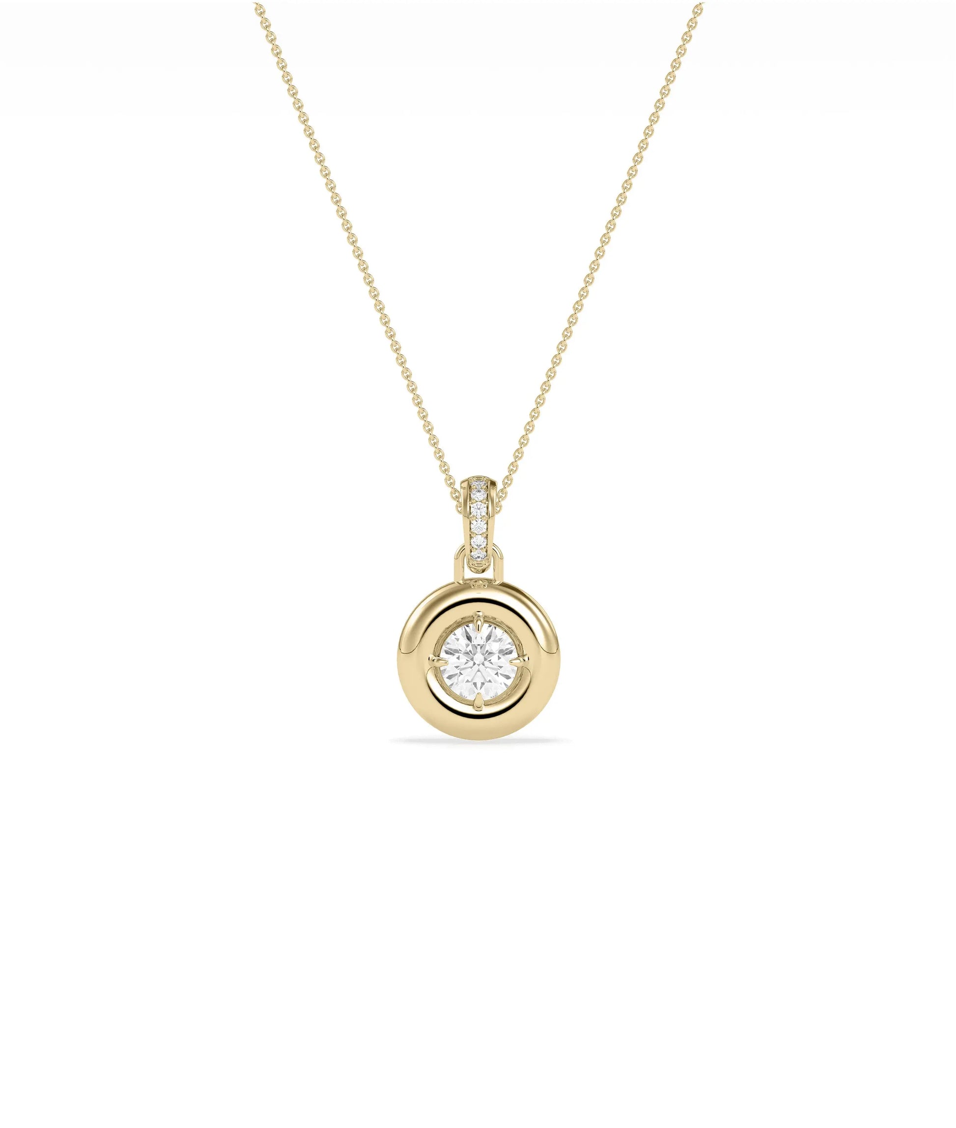 Bubble bezel diamond charm solid gold diamond bail attachment closeup detail showing sparkle