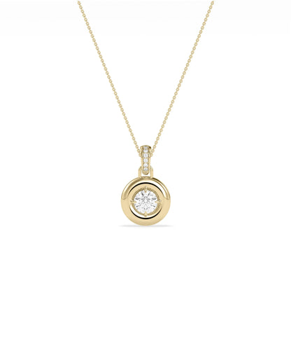 Bubble bezel diamond charm solid gold diamond bail attachment closeup detail showing sparkle